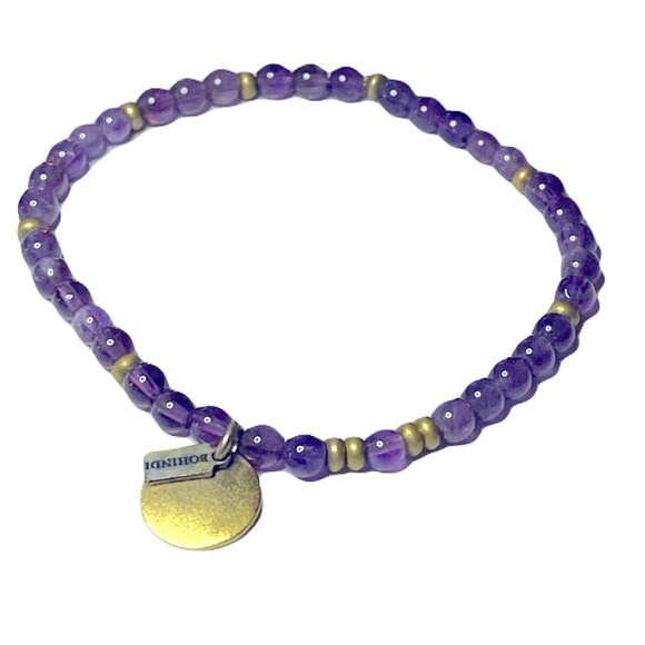Bohindi Vintage Natural Amethyst Gold Beaded Round Charm Stretchy Bracelet - Picture 1 of 13